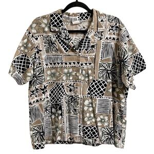 Vintage 80s 90s Blair Button Down Casual Neutral Floral Hawaiian Shirt Top Large